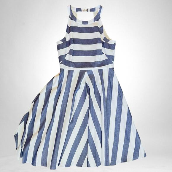 Eliza J midi dress white and chambray blue striped size 12‎ fit and flare - Picture 3 of 7
